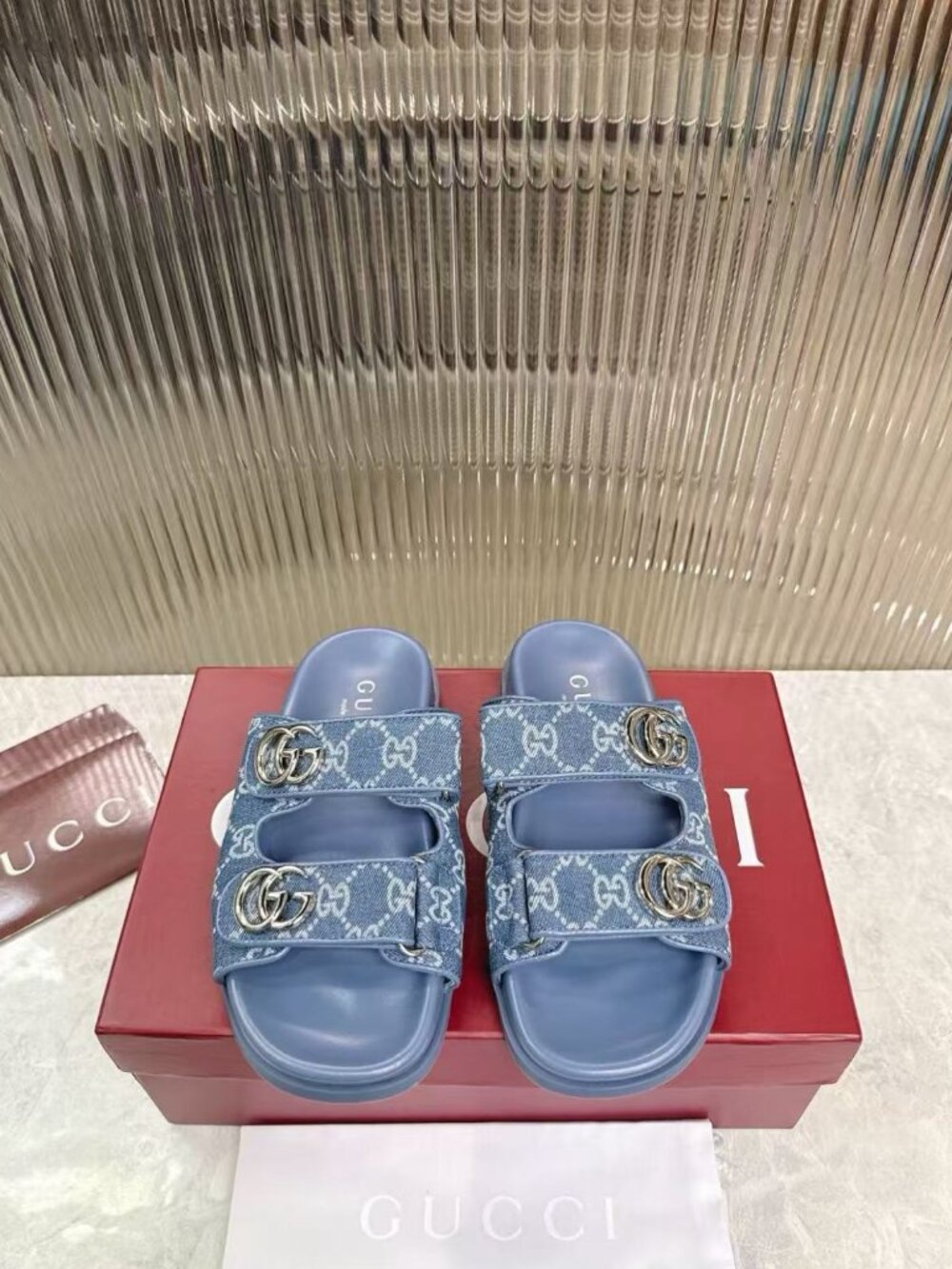 Gucci Blue GG Denim Double‑G Adjustable Platform Slides